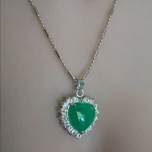Stirling Silver and Green Jade  Heart Pendant cubic diamond 18 inch necklace.